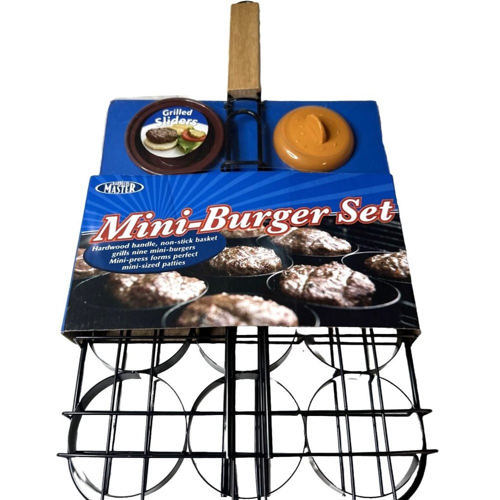 Barbecue Master Grill Basket Press Mini Burger Set 9 Sliders NonStick Cookout